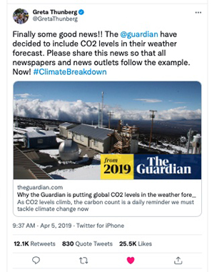 image of April 2019 tweet by Greta Thunberg calling on media to follow the lead of the Guardian on reporting atmospheric CO2 levels